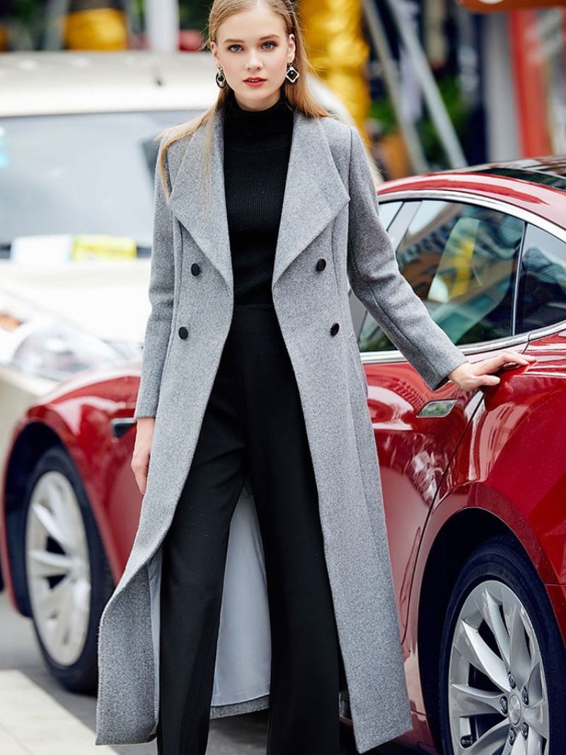 Grey Pea Coat Dame Vinter Lang Yttertøy I Ull