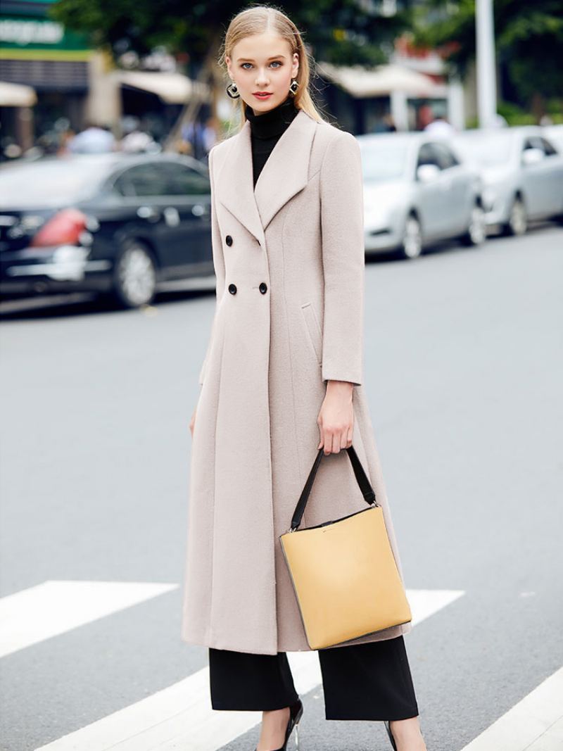 Grey Pea Coat Dame Vinter Lang Yttertøy I Ull - Beige