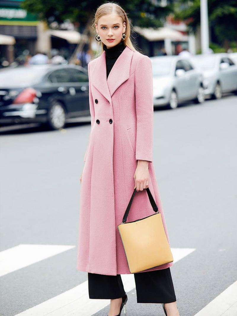 Grey Pea Coat Dame Vinter Lang Yttertøy I Ull - Rosa