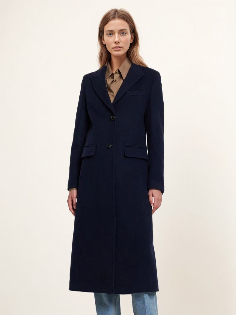 Longline Ulloverfrakk Lapel Single Breast Dame Vinter Yttertøy - Dark Navy