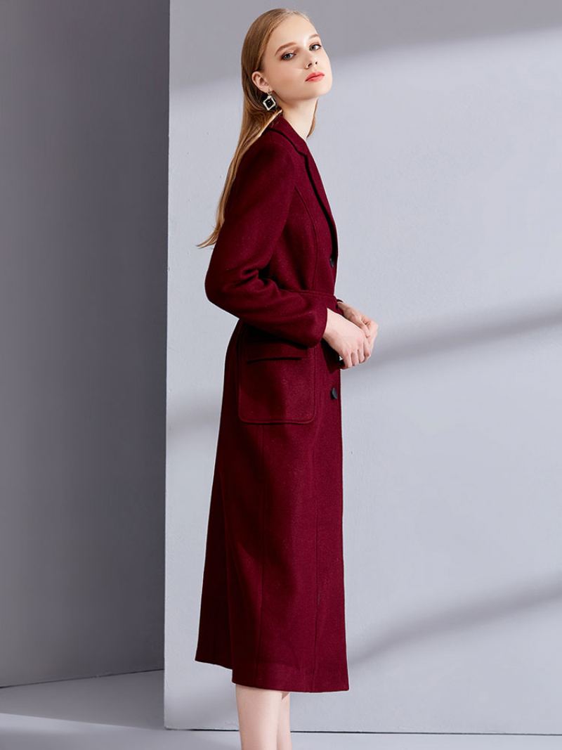 Ull Wrap Coats Burgundy Notch Krage Vinter Yttertøy For Dame - Burgunder