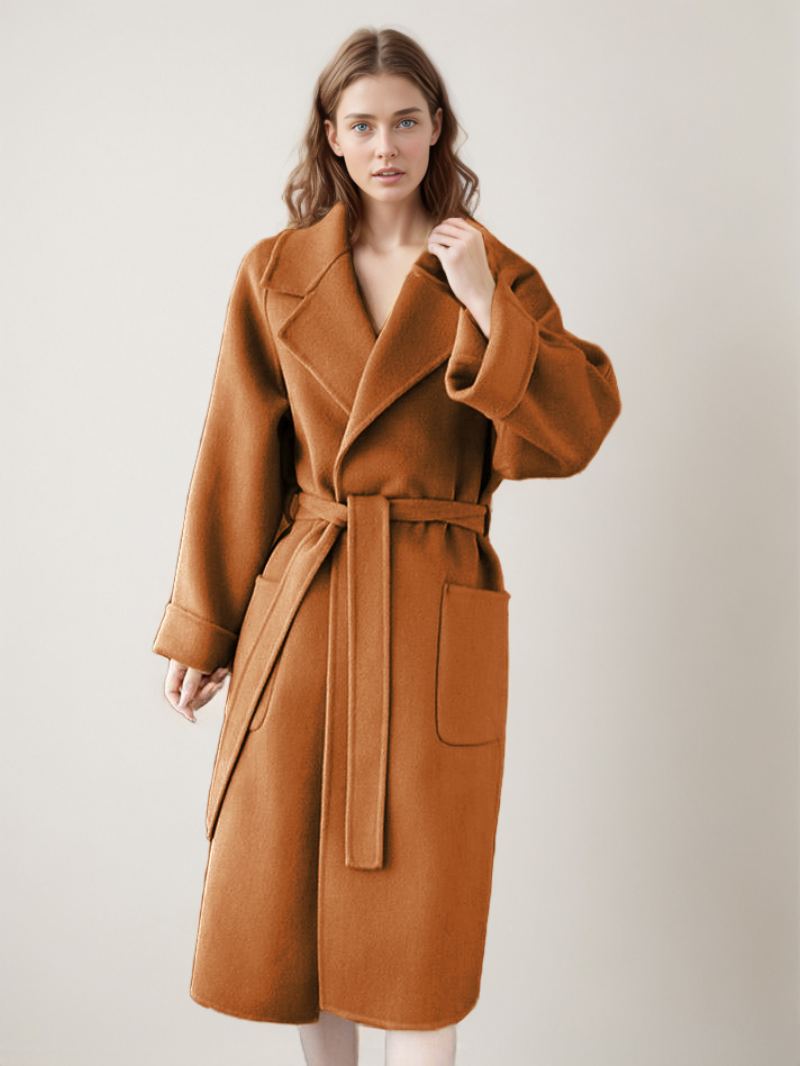 Wrap Coat For Dame Lapel Store Lommer Ensfarget Vinter Yttertøy - Amber