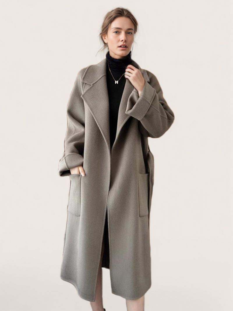 Wrap Coat For Dame Lapel Store Lommer Ensfarget Vinter Yttertøy - Grå