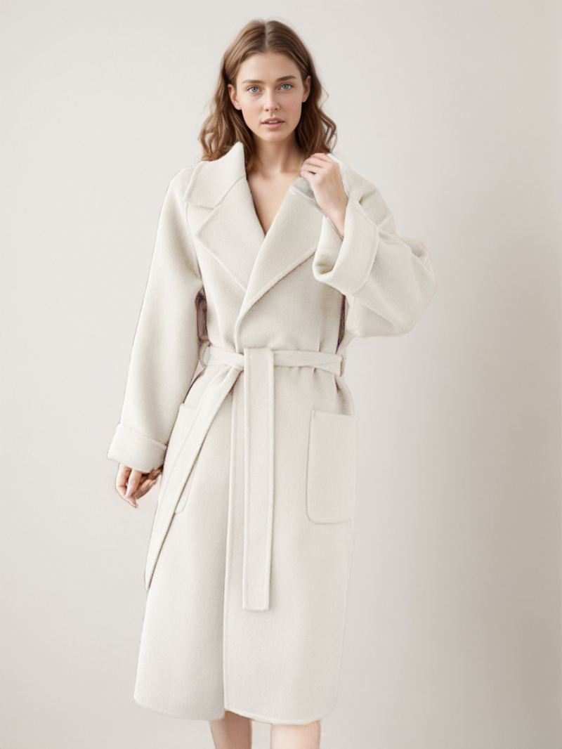 Wrap Coat For Dame Lapel Store Lommer Ensfarget Vinter Yttertøy - Beige