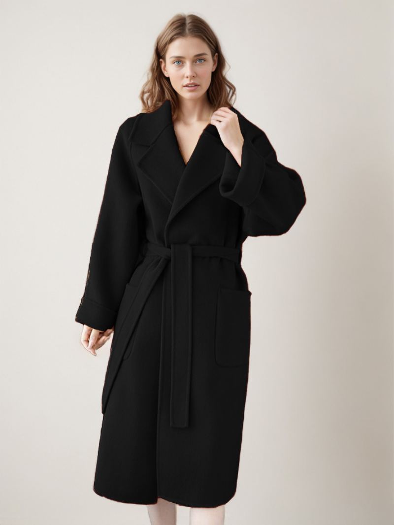 Wrap Coat For Dame Lapel Store Lommer Ensfarget Vinter Yttertøy - Sort