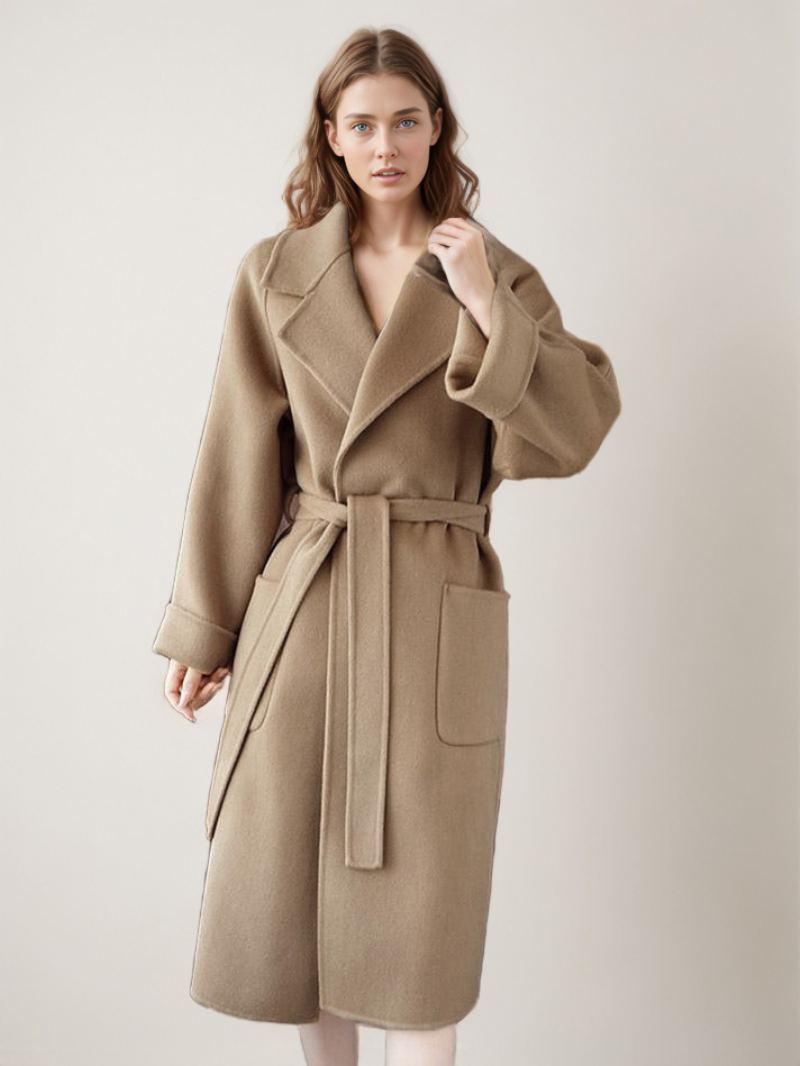 Wrap Coat For Dame Lapel Store Lommer Ensfarget Vinter Yttertøy - Khaki