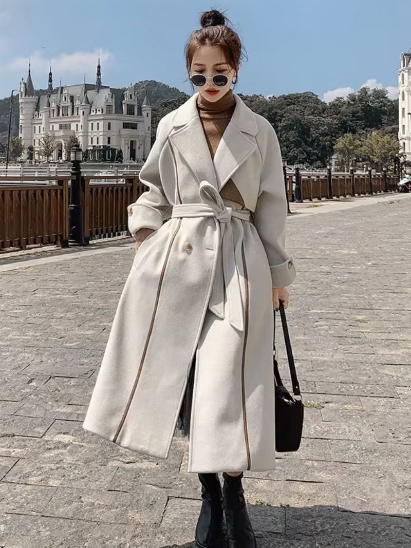 Wrap Overcoat For Kvinner Ecru White Lapel Belted Classic Winter Ytterwear