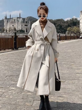 Wrap Overcoat For Kvinner Ecru White Lapel Belted Classic Winter Ytterwear