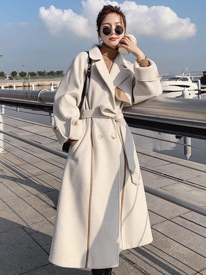 Wrap Overcoat For Kvinner Ecru White Lapel Belted Classic Winter Ytterwear - Beige