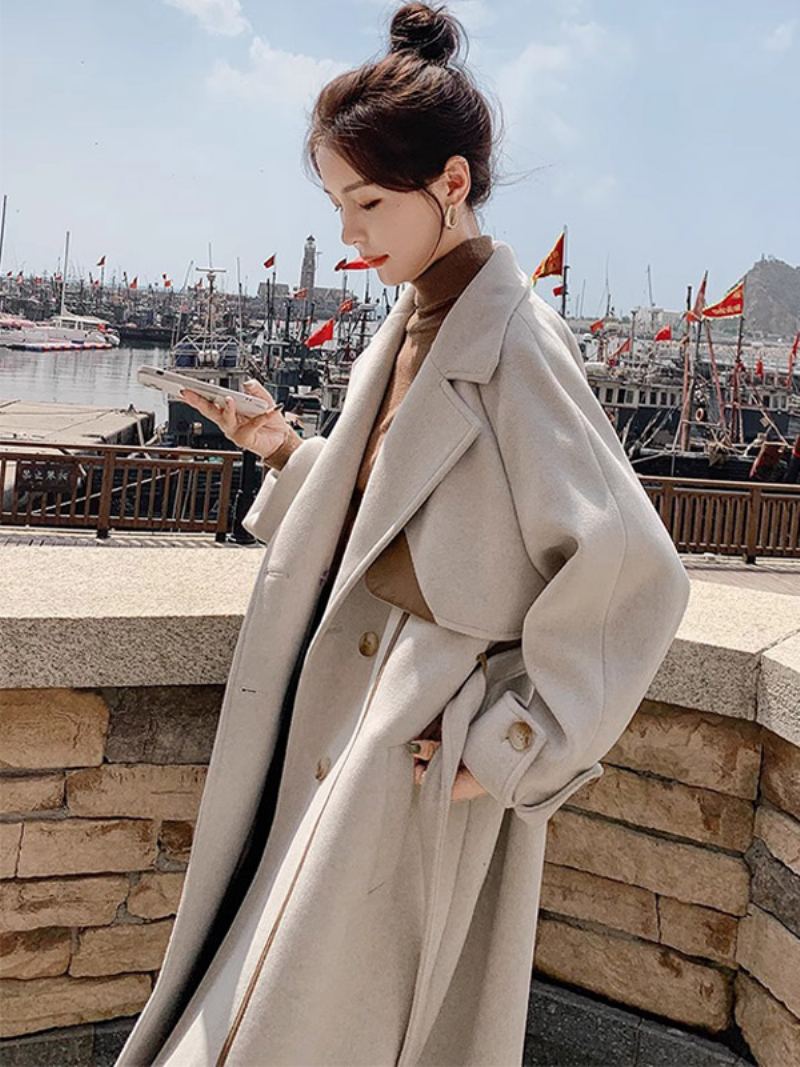 Wrap Overcoat For Kvinner Ecru White Lapel Belted Classic Winter Ytterwear - Beige