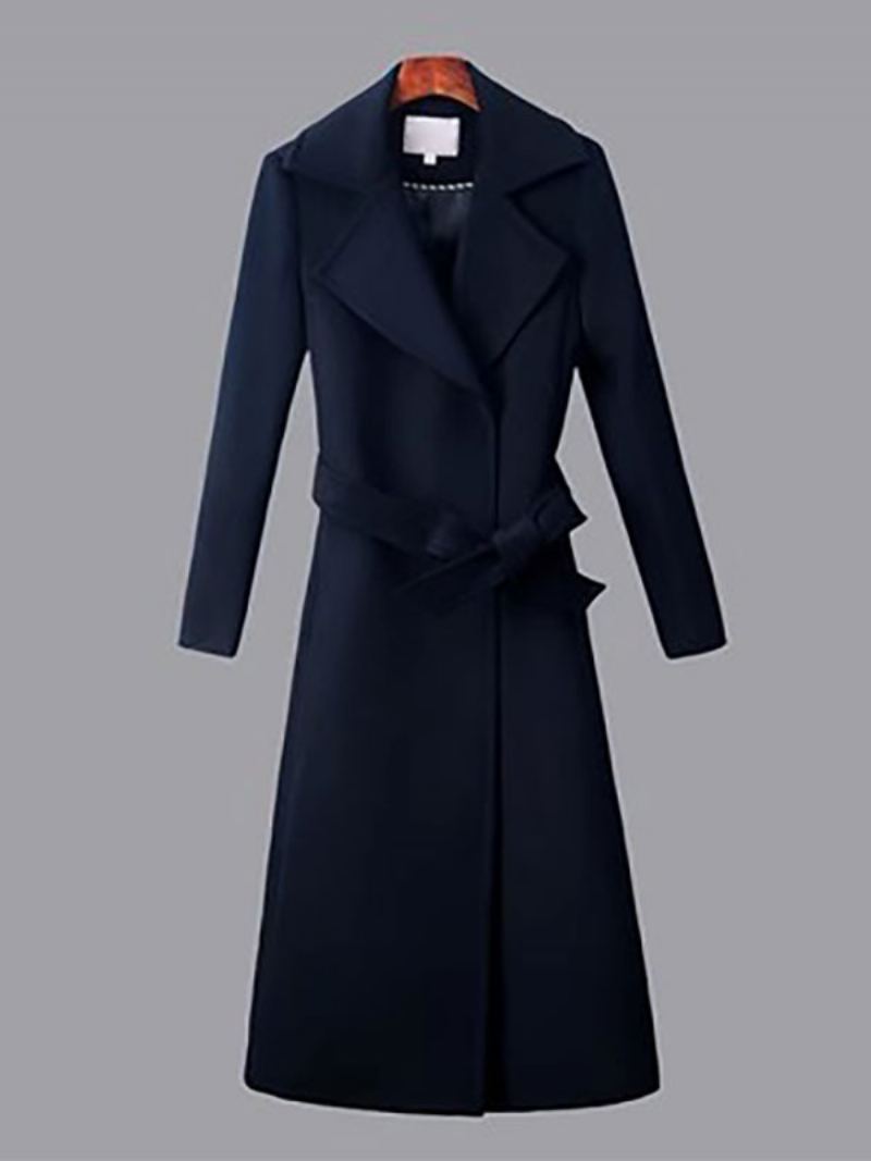 Wrap Wool Blend Coats Lapel Belted Langermet Yttertøy For Kvinner - Mørk Navy