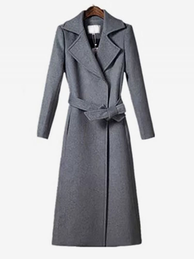 Wrap Wool Blend Coats Lapel Belted Langermet Yttertøy For Kvinner - Grå