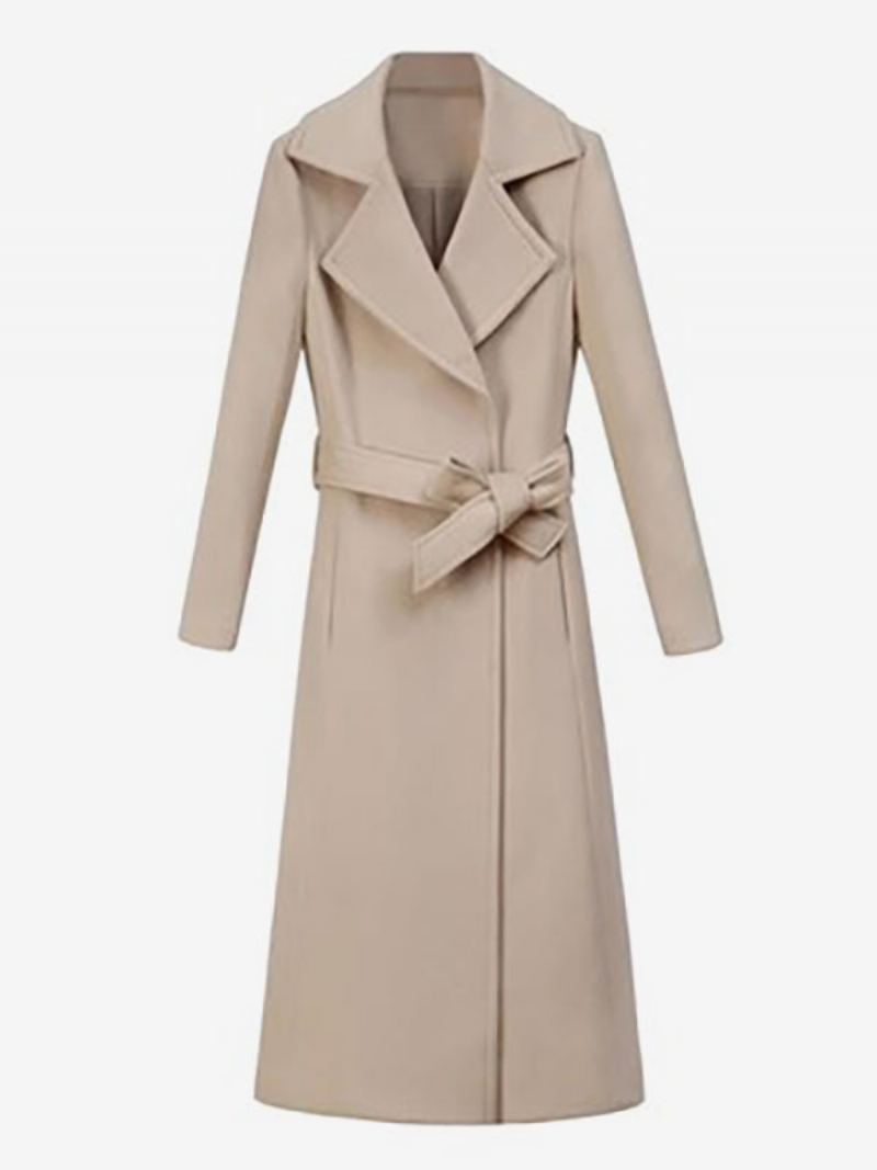 Wrap Wool Blend Coats Lapel Belted Langermet Yttertøy For Kvinner - Beige