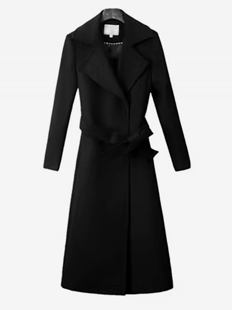 Wrap Wool Blend Coats Lapel Belted Langermet Yttertøy For Kvinner - Sort