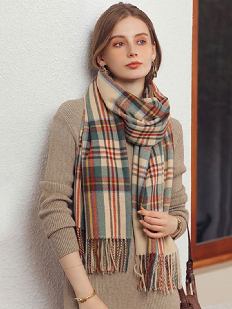 Dame Skjerf Rutete Frynser Fiber Vinter Varme Lange - Beige