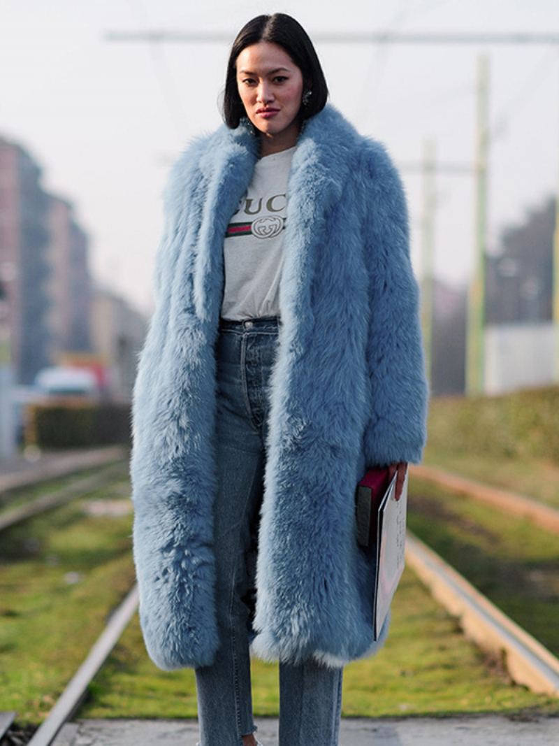 Dame Fuzzy Overcoat Collared Åpen Front Ensfarget Faux Fur Yttertøy - Lys Himmelblå