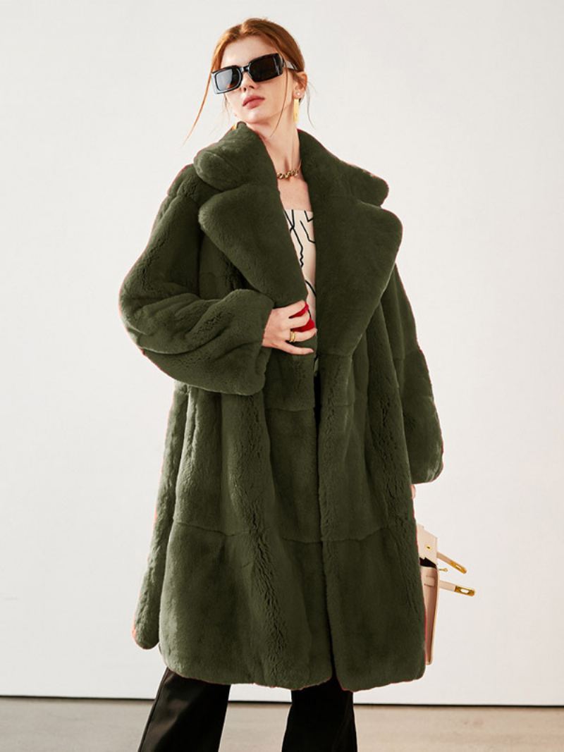 Faux Fur Coat Collared Belted Longline Vinter Yttertøy For Dame - Jægergrønn