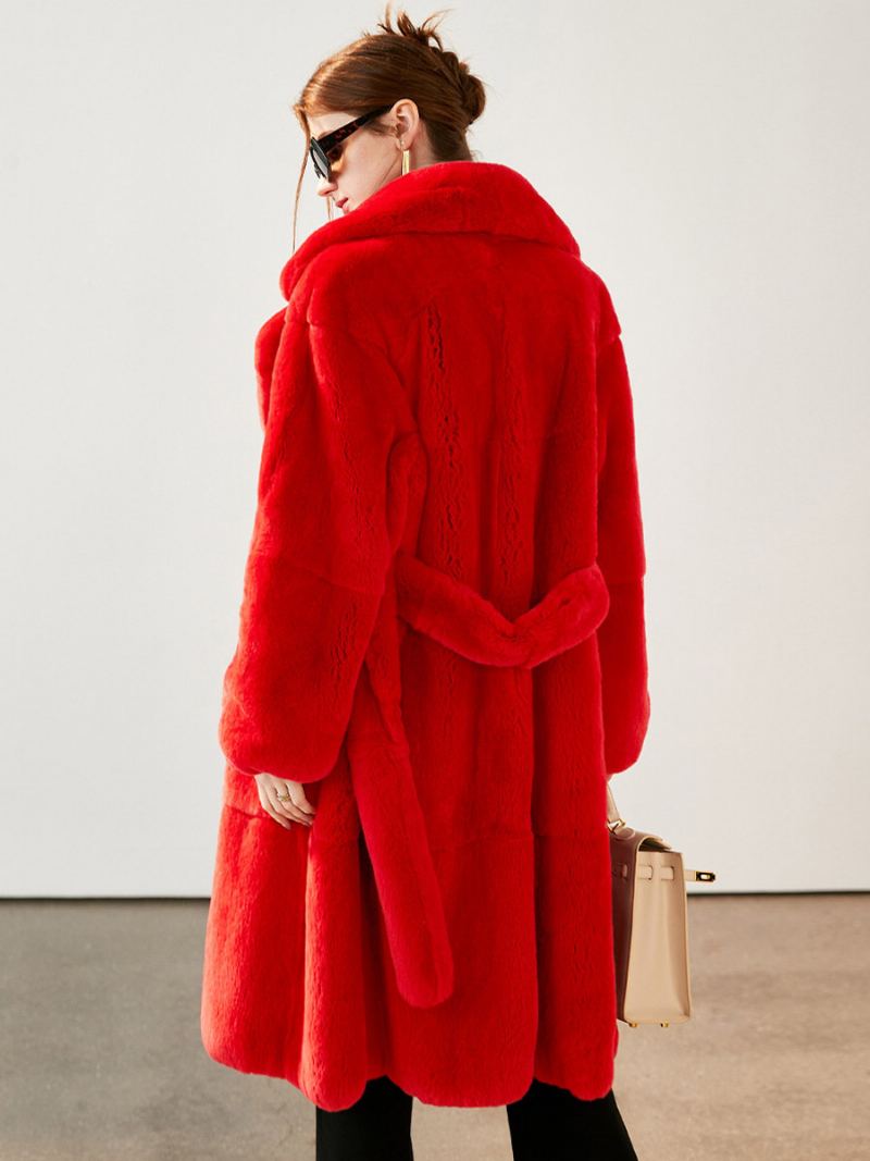 Faux Fur Coat Collared Belted Longline Vinter Yttertøy For Dame - Rød