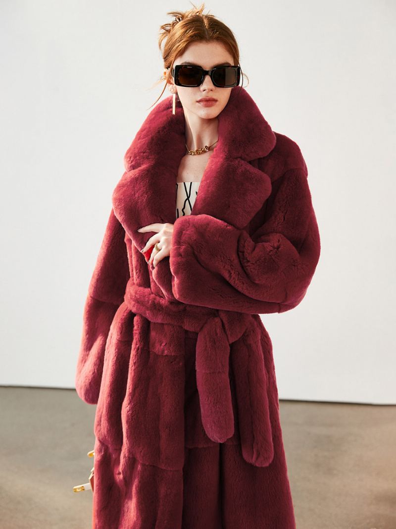 Faux Fur Coat Collared Belted Longline Vinter Yttertøy For Dame - Burgunder