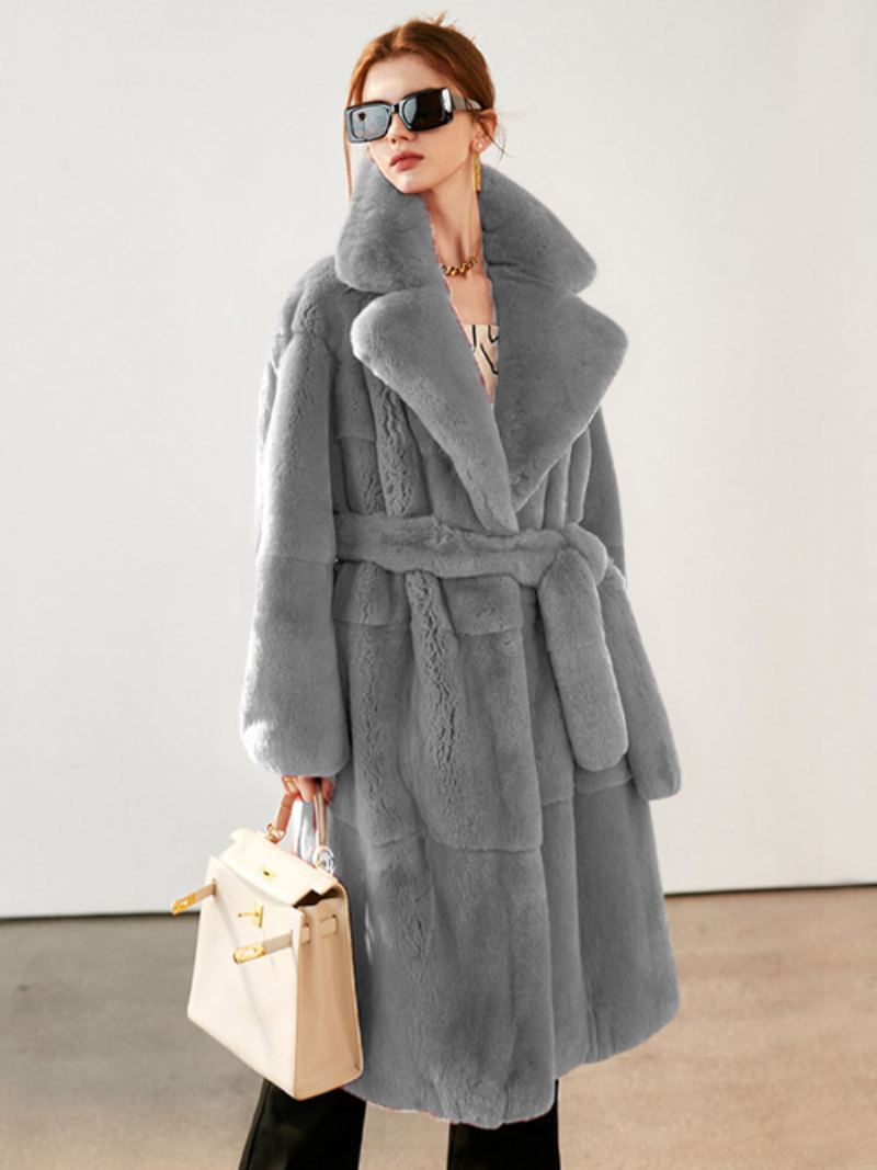 Faux Fur Coat Collared Belted Longline Vinter Yttertøy For Dame - Grå