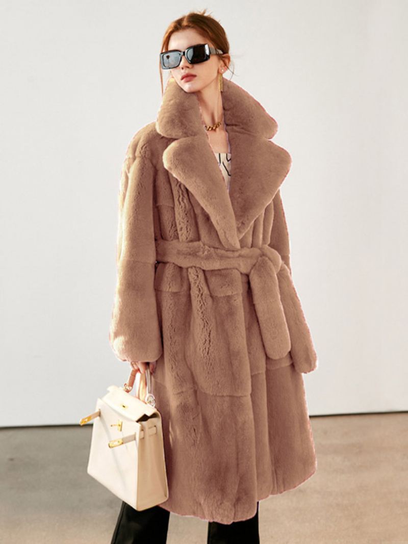 Faux Fur Coat Collared Belted Longline Vinter Yttertøy For Dame - Kamel