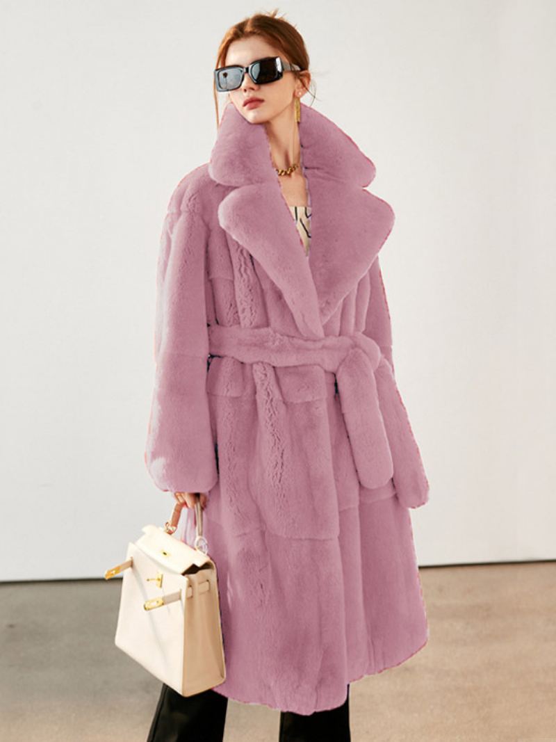 Faux Fur Coat Collared Belted Longline Vinter Yttertøy For Dame - Rosa