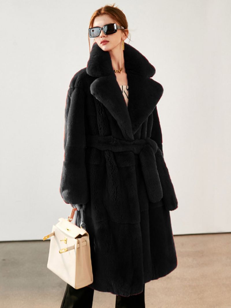 Faux Fur Coat Collared Belted Longline Vinter Yttertøy For Dame - Svart