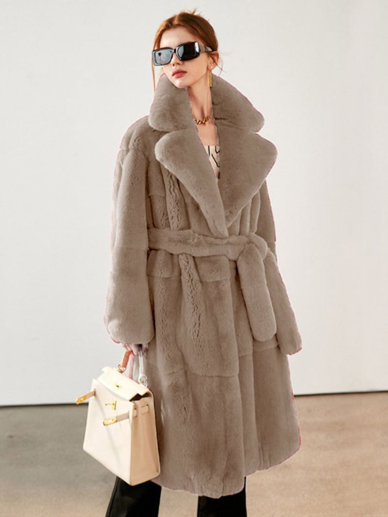 Faux Fur Coat Collared Belted Longline Vinter Yttertøy For Dame - Khaki