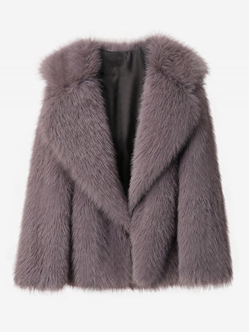 Faux Fur Coat Fosskrage Ensfarget Vinter Yttertøy For Dame - Deep Grey