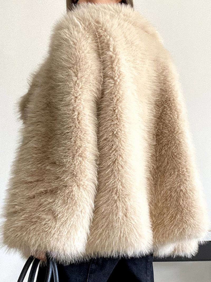 Faux Fur Coat Fosskrage Ensfarget Vinter Yttertøy For Dame - Beige