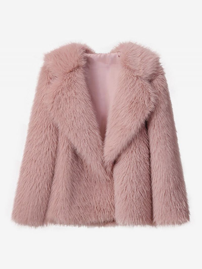 Faux Fur Coat Fosskrage Ensfarget Vinter Yttertøy For Dame - Rosa