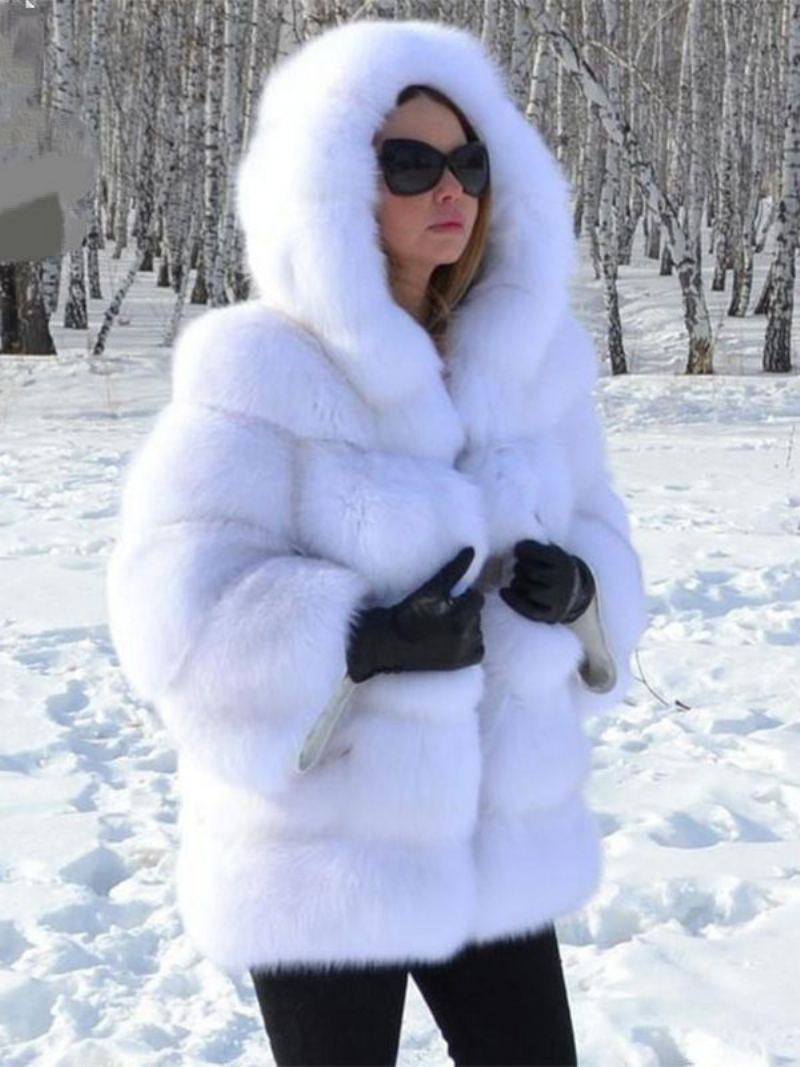 Faux Fur Coat Hette Varm Vinter 2024 Kort Plysj Yttertøy For Dame