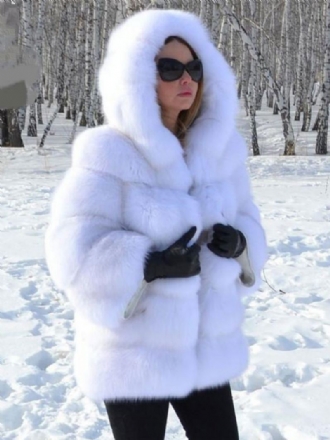 Faux Fur Coat Hette Varm Vinter 2024 Kort Plysj Yttertøy For Dame