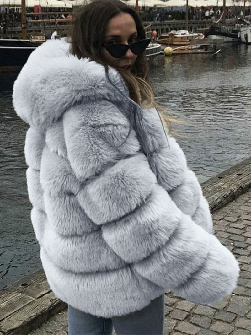 Faux Fur Coat Hette Varm Vinter 2024 Kort Plysj Yttertøy For Dame - Grå