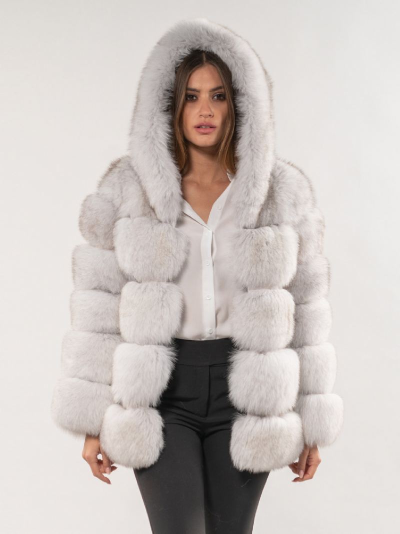 Faux Fur Coat Hette Varm Vinter 2024 Kort Plysj Yttertøy For Dame - Beige