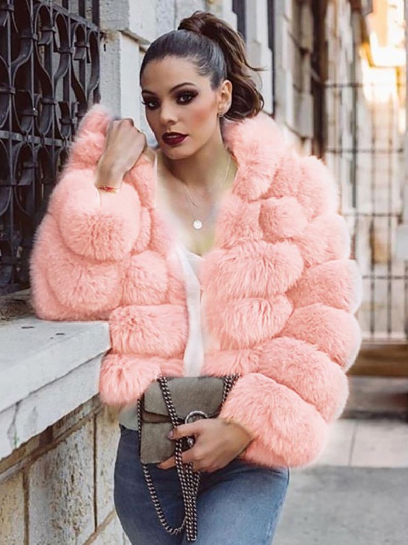 Faux Fur Coat Hette Varm Vinter 2024 Kort Plysj Yttertøy For Dame - Rosa