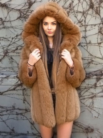 Faux Fur Coat Hette Vinter 2024 Midi Yttertøy For Dame