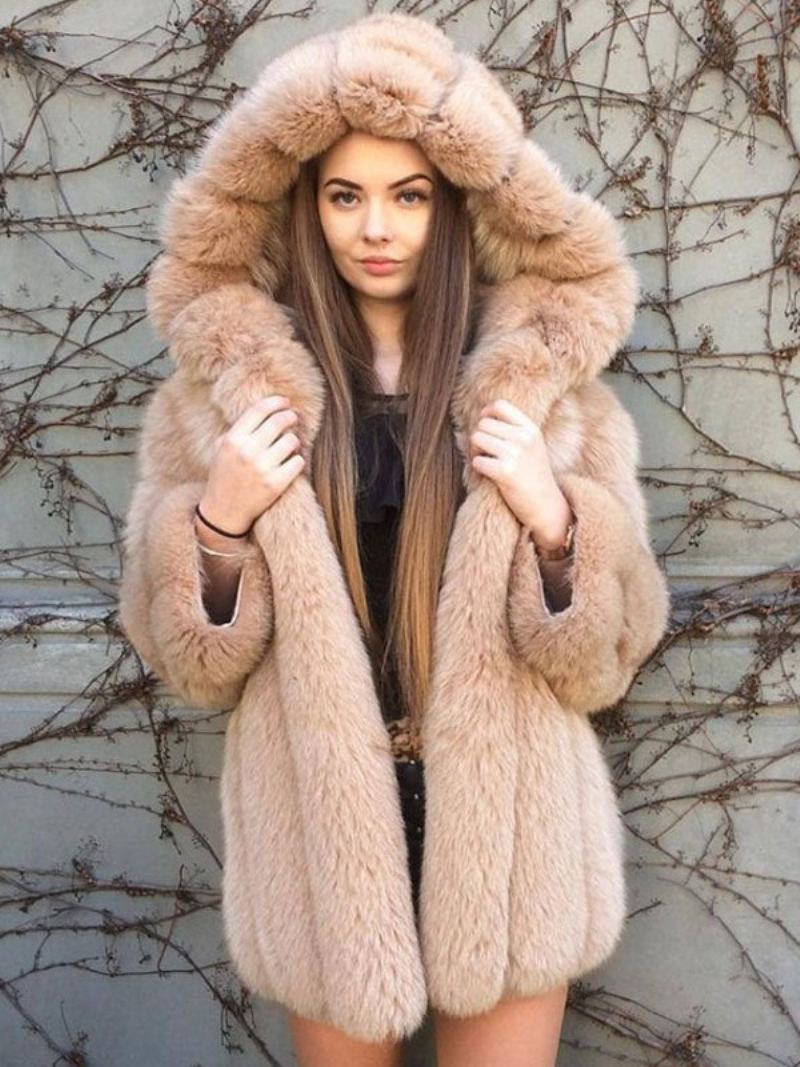 Faux Fur Coat Hette Vinter 2024 Midi Yttertøy For Dame - Lys Lys Gul