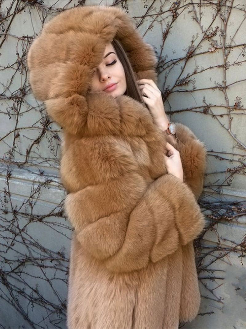 Faux Fur Coat Hette Vinter 2024 Midi Yttertøy For Dame - Kamel