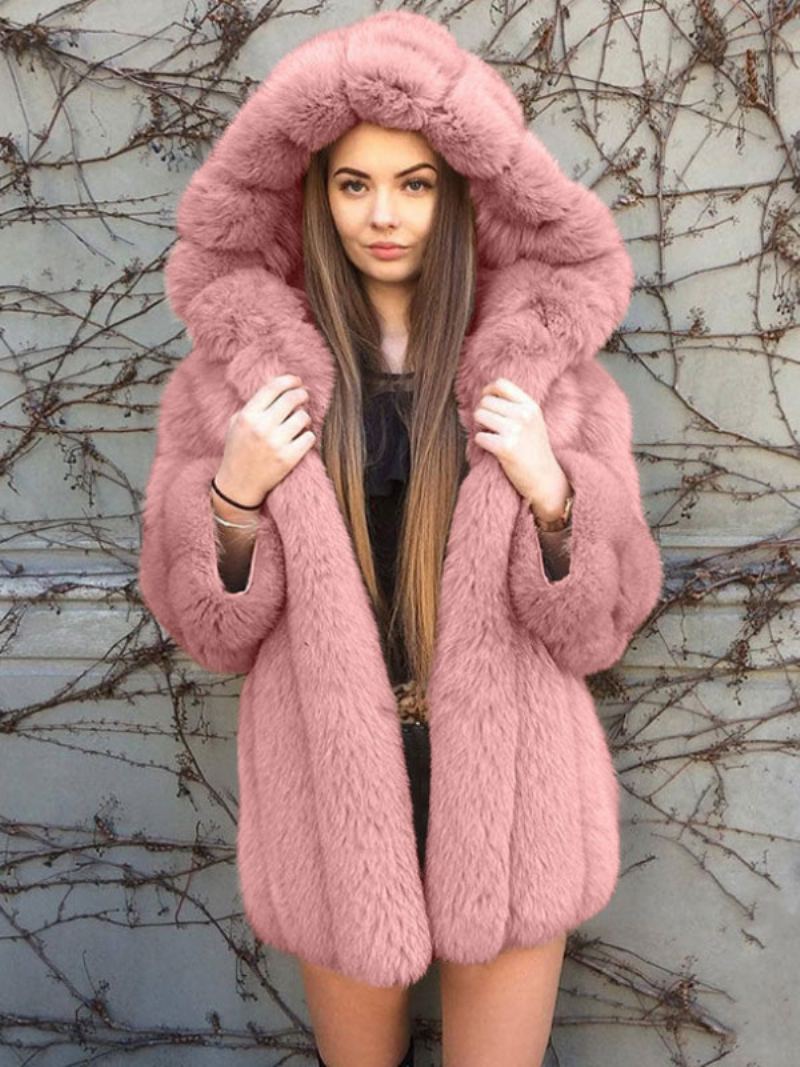 Faux Fur Coat Hette Vinter 2024 Midi Yttertøy For Dame - Rosa