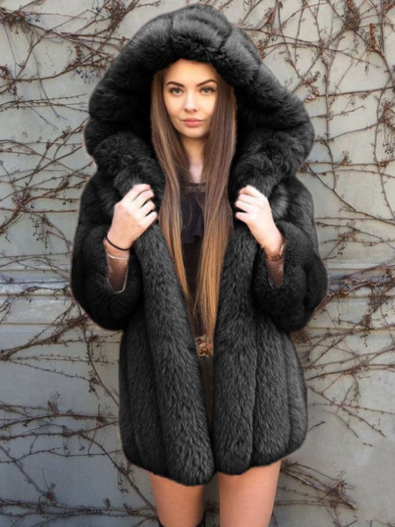 Faux Fur Coat Hette Vinter 2024 Midi Yttertøy For Dame - Sort