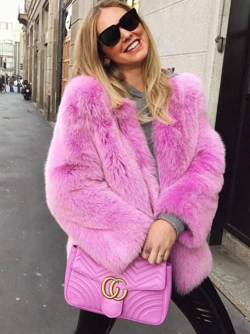 Faux Fur Coat Langermet Åpen Front Vinter Yttertøy For Dame - Rose