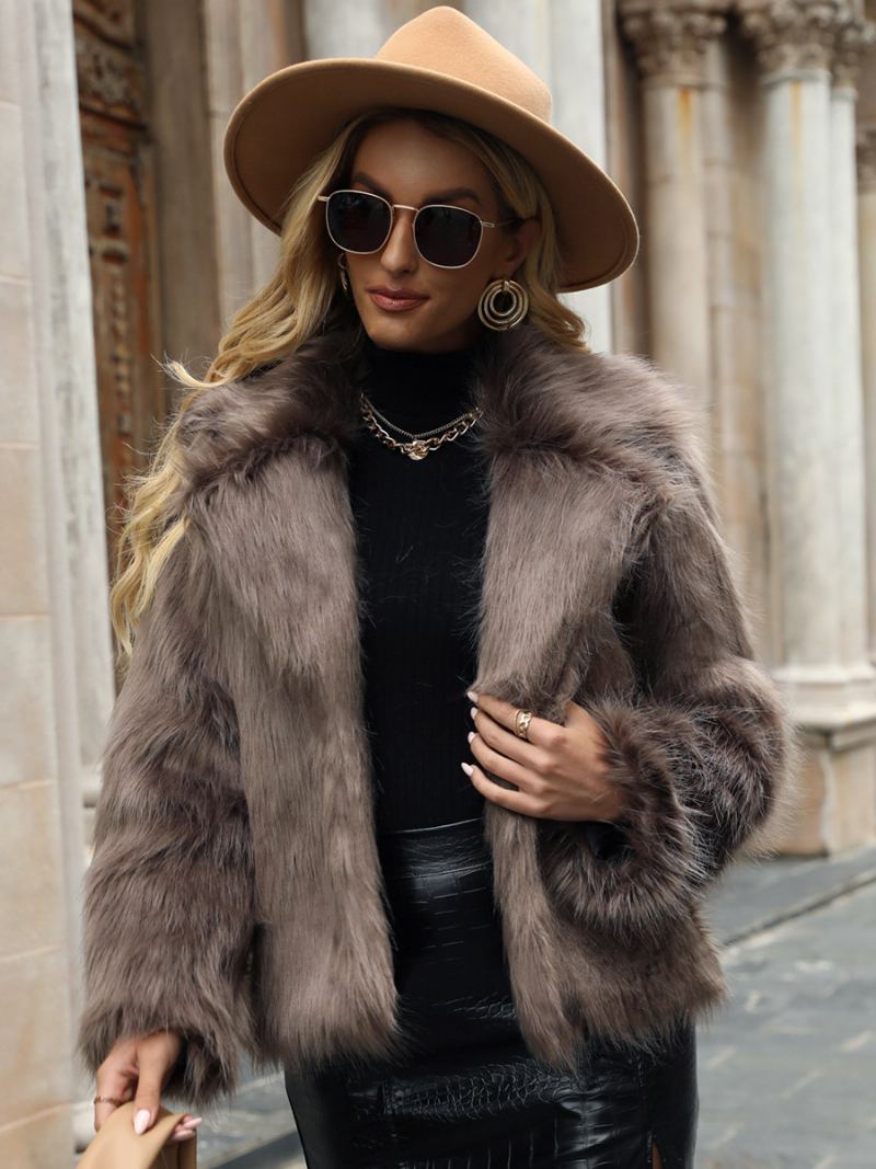 Faux Fur Coat Lapel Åpen Front Ensfarget Høst Vinter Jakke For Dame - Kaki