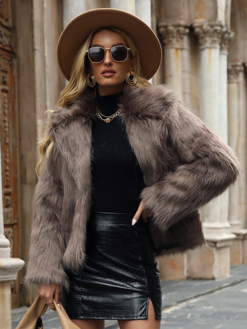 Faux Fur Coat Lapel Åpen Front Ensfarget Høst Vinter Jakke For Dame - Kaki