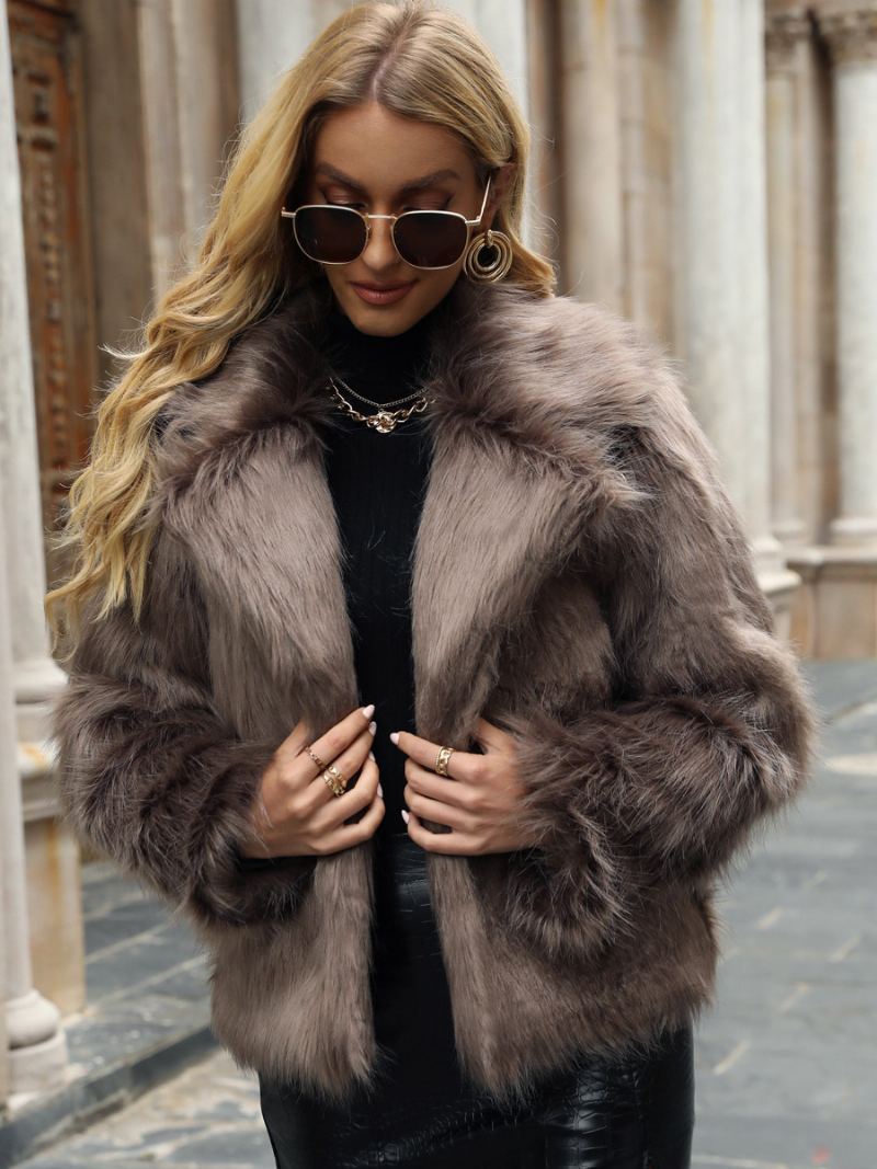 Faux Fur Coat Lapel Åpen Front Ensfarget Høst Vinter Jakke For Dame - Kaki