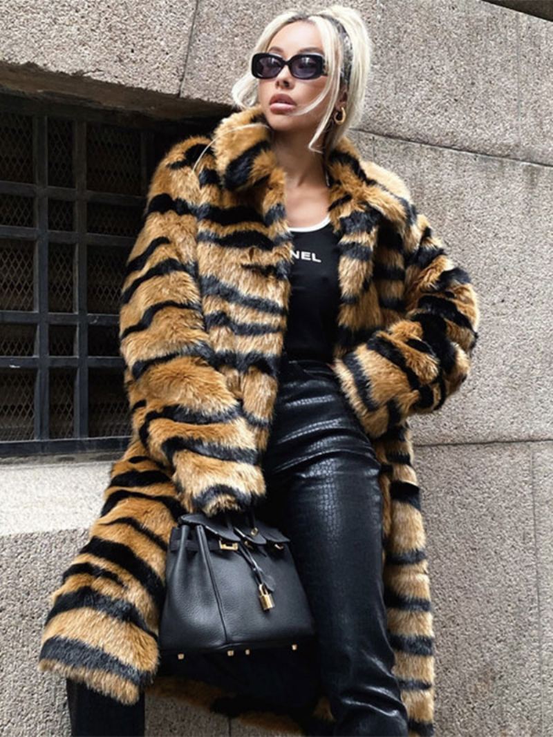 Faux Fur Coat Tiger Print Vinter Midi Yttertøy For Kvinner 2024