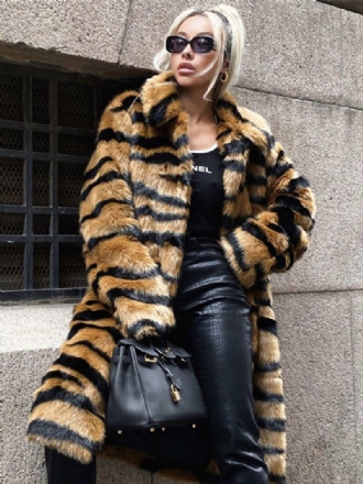 Faux Fur Coat Tiger Print Vinter Midi Yttertøy For Kvinner 2024