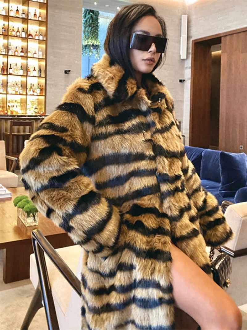 Faux Fur Coat Tiger Print Vinter Midi Yttertøy For Kvinner 2024 - Kaffe Brun