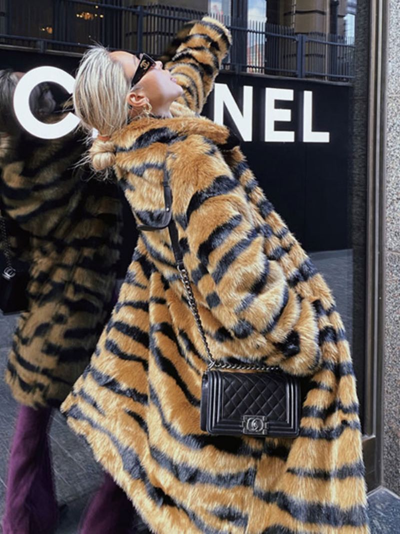 Faux Fur Coat Tiger Print Vinter Midi Yttertøy For Kvinner 2024 - Kaffe Brun