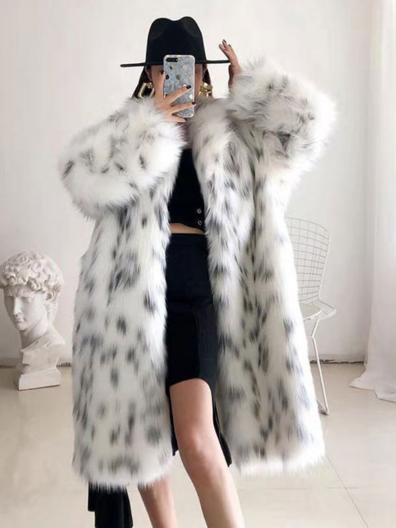 Faux Fur Coat Two Tone 2024 Vinterlang Yttertøy For Dame - Hvit